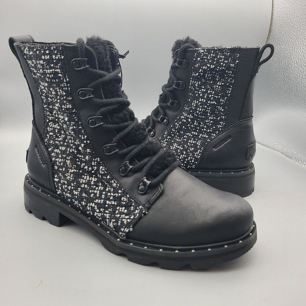 Sorel women boots Lennox Lace Cozy Black seasalt fabric Waterproof Size 7.5 new
